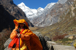 Climbing 8km straight up Neelkanth Mountain seen in background-Himalayas-above Badrinath 2010